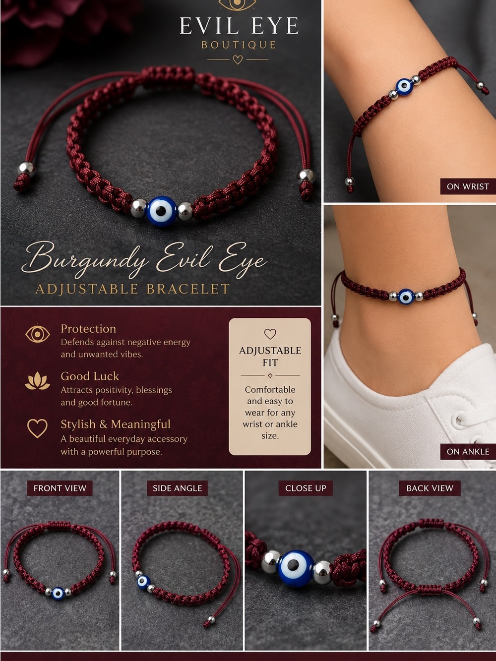 Evil Eye Burgundy Adjustable Bracelet - Protection & Good Luck